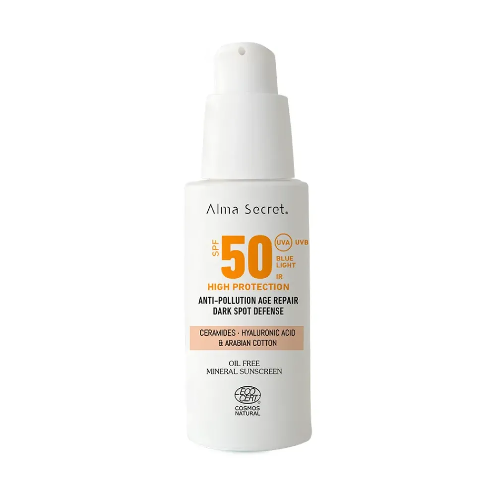 Alma Secret Solar facial natural SPF 50 con color, ceramidas, antimanchas y oil-free