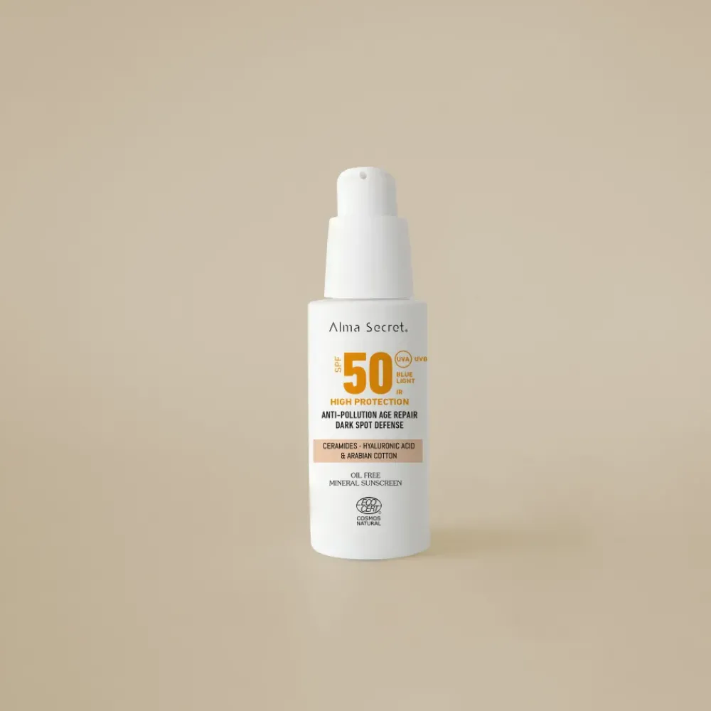 Alma Secret Solar facial natural SPF 50 con color, ceramidas, antimanchas y oil-free